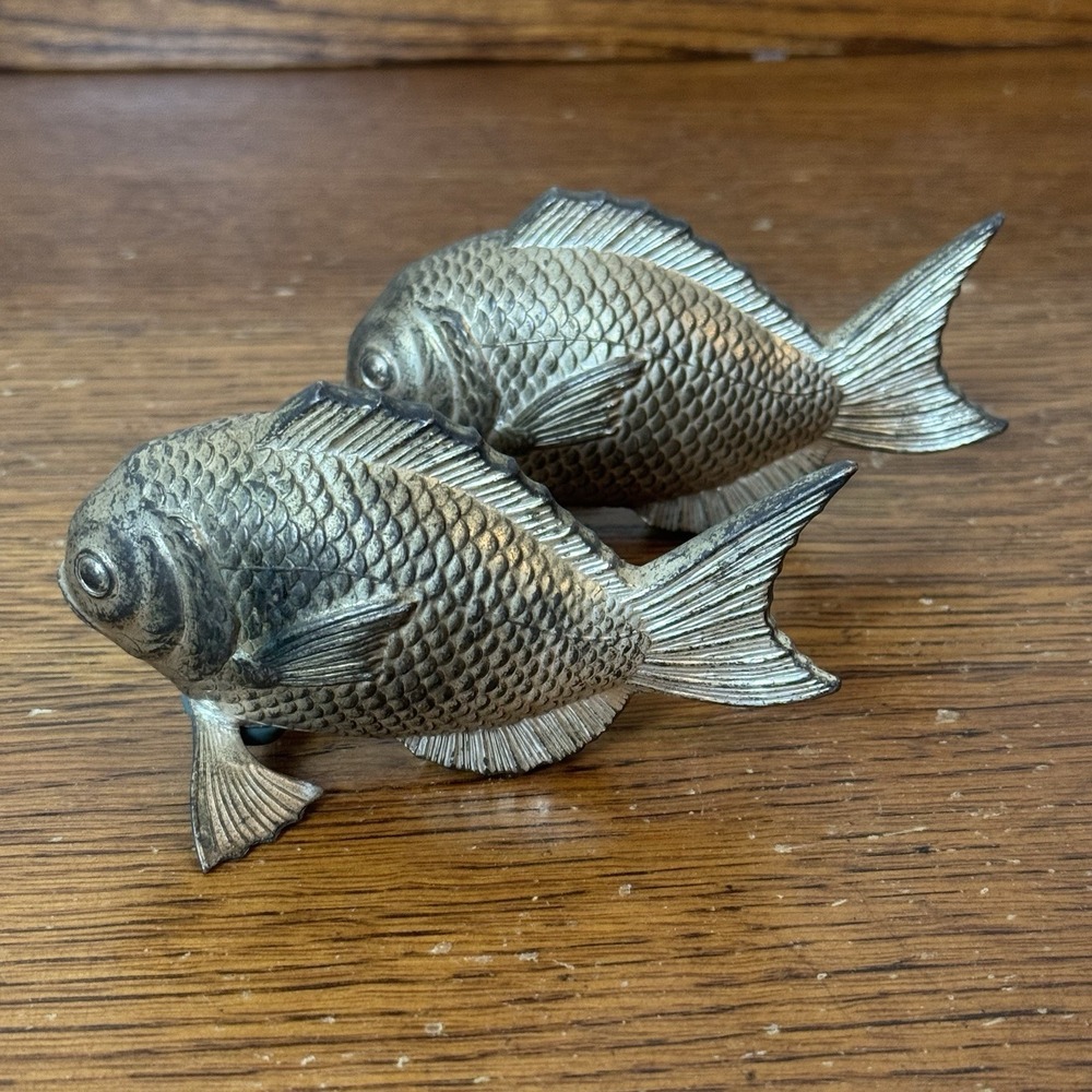 Vintage Brass‎ Fish Salt & Pepper Shakers Set Pair 3" Figurines Asian Decor